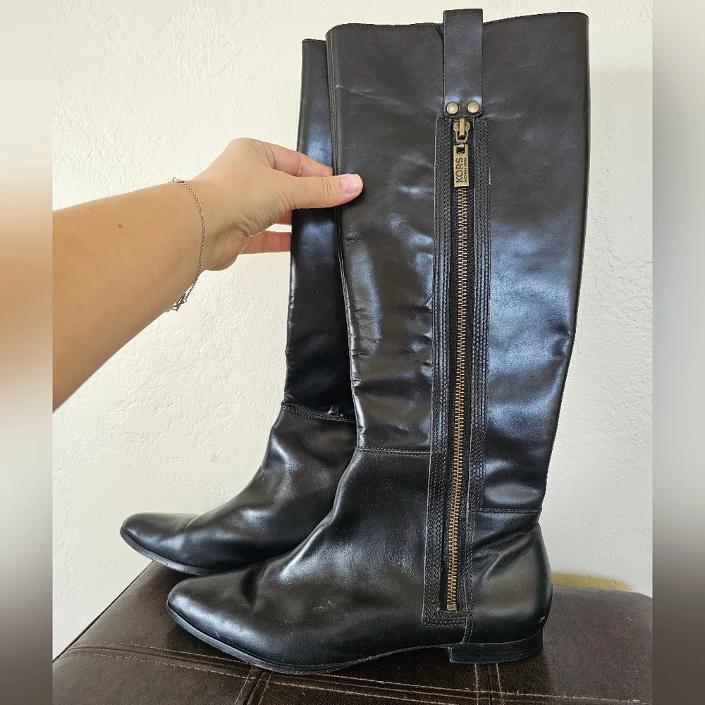 Michael Kors Zipper Accent Black All Leather Knee-High Grunge Rider Boots Sz 8.5